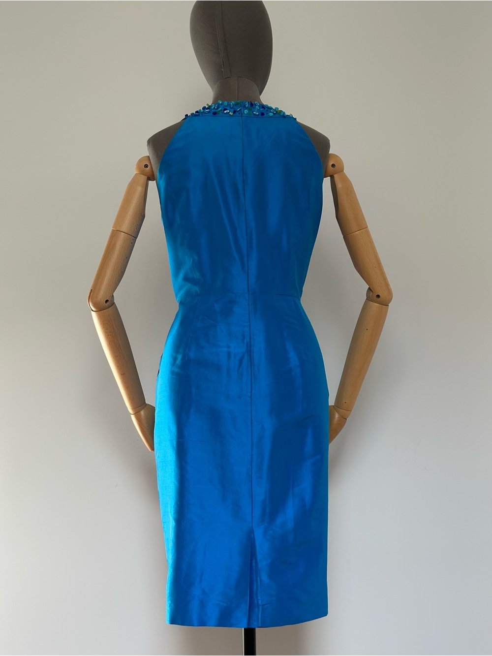 Silk Turquoise Sleeveless Beaded Dress Tulip Skirt - Picture 11 of 17